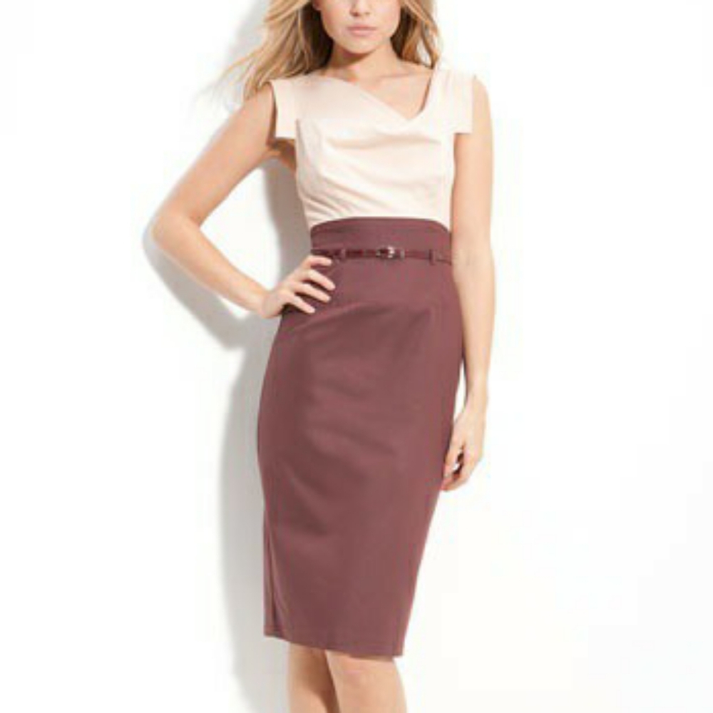 Black Halo "Jackie O" classic sheath dress in blush pink/burgundy color block